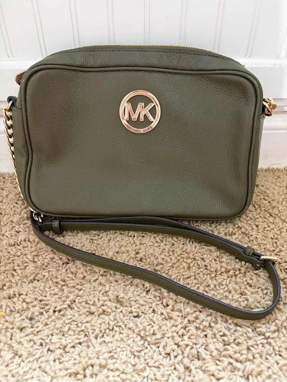 Michael Kors Olive Pebbled Leather Crossbody with Gold MK Emblem